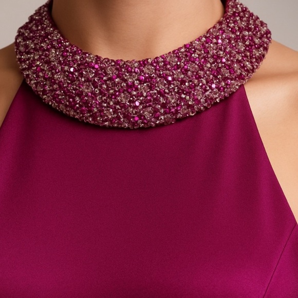 Aidan Mattox Crystal Beaded Halter Gown Magenta Fuchsia Satin Size 4 NWT Evening - Picture 4 of 9